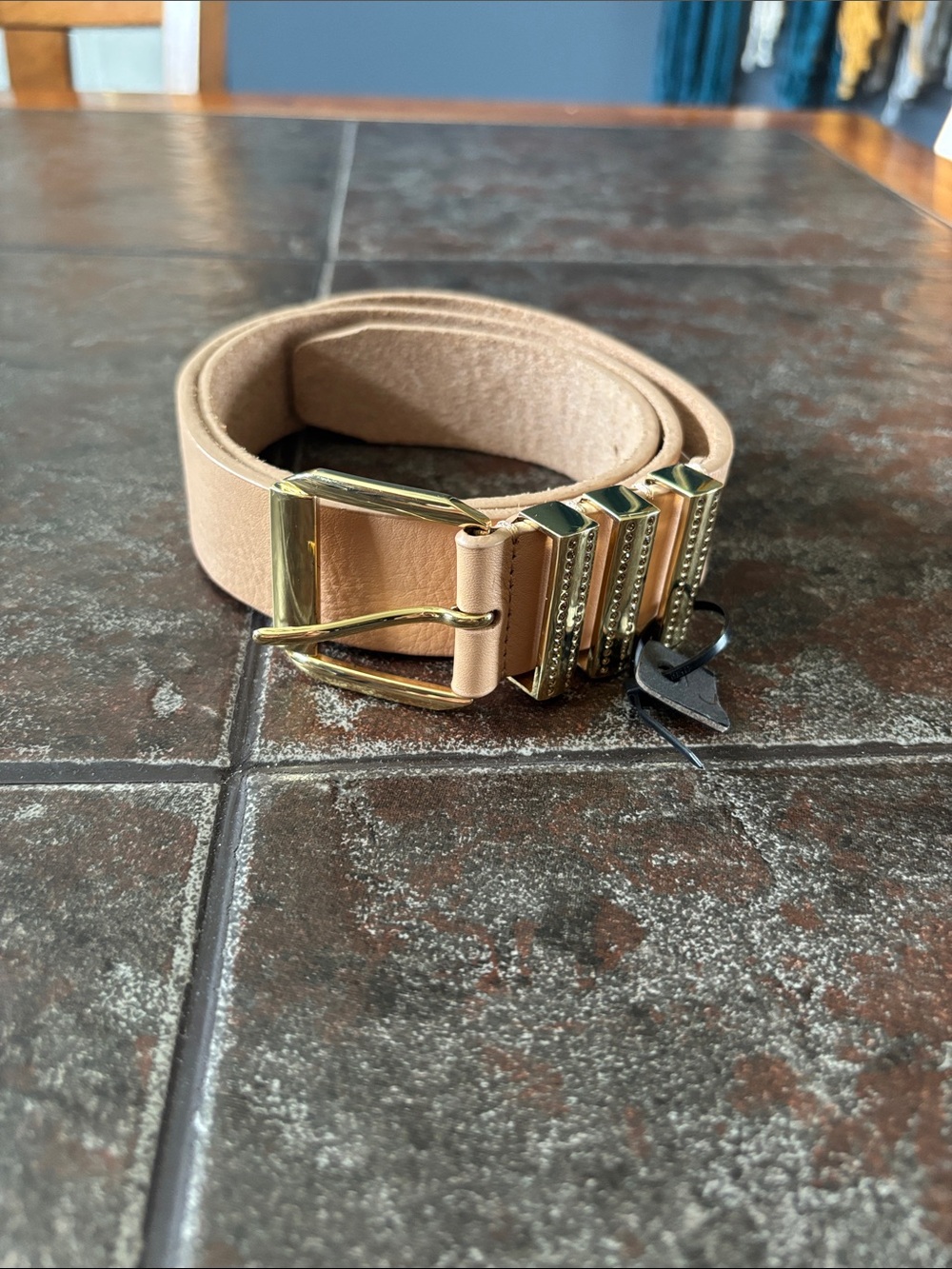 J. Crew Nude/Tan Leather Belt with Gold Buckle and Accents
